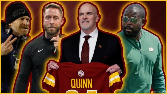 Washington Commanders coaches (from left to right) Larry Izzo, Kliff Kingsbury, Dan Quinn, and Joe Whitt Jr.